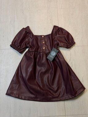 Vince Camuto Girls' Faux Leather Puff Sleeve Dress - Burgundy